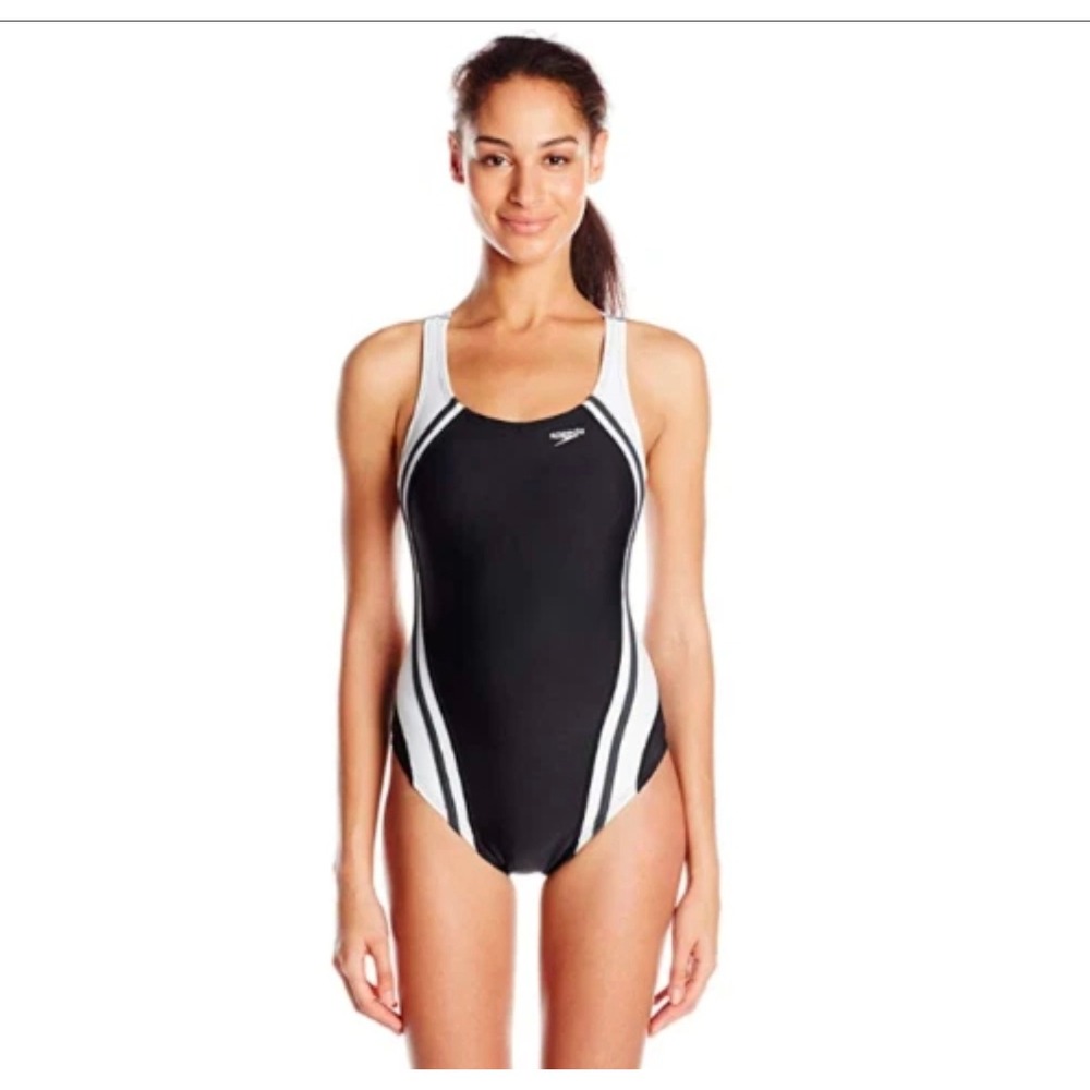Speedo Womens Performance One Piece Swimsuit Black White Stripe Racerback Size 8